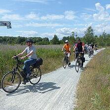 Gruppe von Radfahrern auf einem Schotterweg, umgeben von Wiesen undunter blauem Himmel mit weißen Wolken.