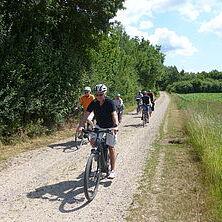 Gruppe von Radfahrern auf einem Schotterweg, umgeben von Bäumen und Wiesen unter einem blauen Himmel.