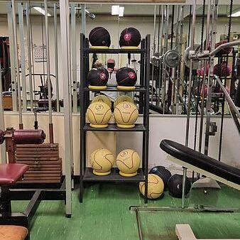 Regal mit verschiedenen Medizinbällen und einer Langhantel in einem Fitnessstudio, Spiegel und Fenster im Hintergrund.