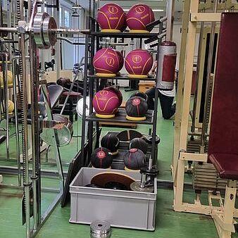 Regal mit verschiedenen Medizinbällen auf einer grünen Fitnessbodenfläche in einem Trainingsraum.