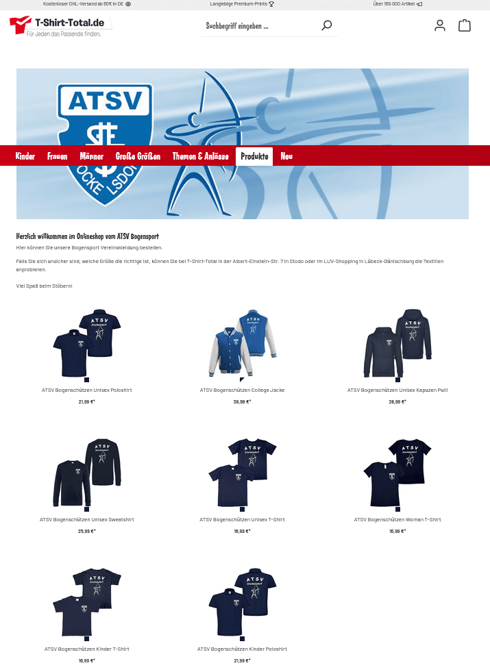 Übersicht der Bekleidungsartikel mit ATSV-Logo, darunter Shirts, Sweatshirts und Jacken auf einem E-Commerce-Shop.