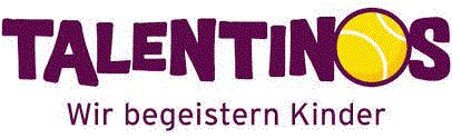 Logo von Talentinos mit dem Slogan „Wir begeistern Kinder“ und einem gelben Tennisball.