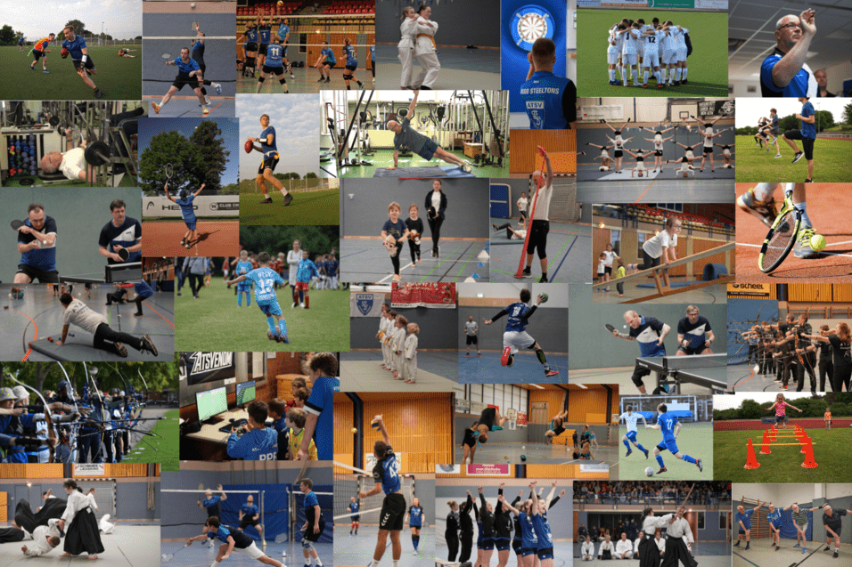 Collage mit verschiedenen Sportarten: Tischtennis, Fu&szlig;ball, Volleyball, Judo, Fitness, Tanzen und Bogenschie&szlig;en.