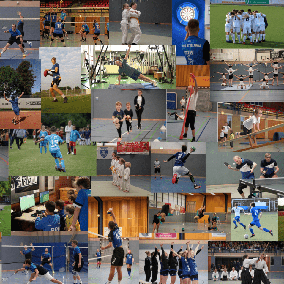 Collage mit verschiedenen Sportarten: Tischtennis, Fu&szlig;ball, Volleyball, Judo, Fitness, Tanzen und Bogenschie&szlig;en.