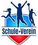 Logo mit einer stilisierten Darstellung von Kindern, die springen, umrahmt von einem Schild und dem Text „Schule+Verein“.