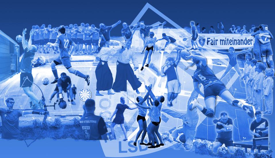 Collage aus sportlichen Aktivit&auml;ten und Szenen, darunter Handball, Tanz und Teamarbeit, in verschiedenen Blaut&ouml;nen.