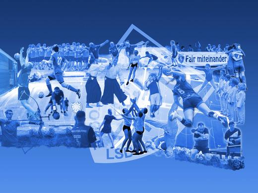 Collage aus sportlichen Aktivit&auml;ten und Szenen, darunter Handball, Tanz und Teamarbeit, in verschiedenen Blaut&ouml;nen.