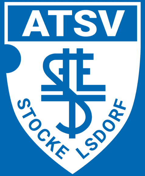 Logo des ATSV Stocke Lsdorf auf blauem Hintergrund, mit stilisierten Buchstaben und Symbolen in Weiß.