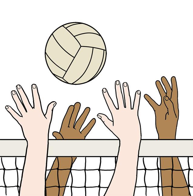 H&auml;nde verschiedener Hautt&ouml;ne heben sich nach einem Volleyball &uuml;ber einem Netz in einer minimalistischen Illustration.