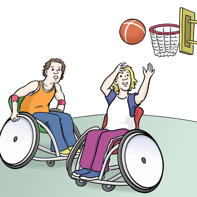 Zwei Personen im Rollstuhl spielen Basketball, einer wirft, der andere schaut gespannt zu.