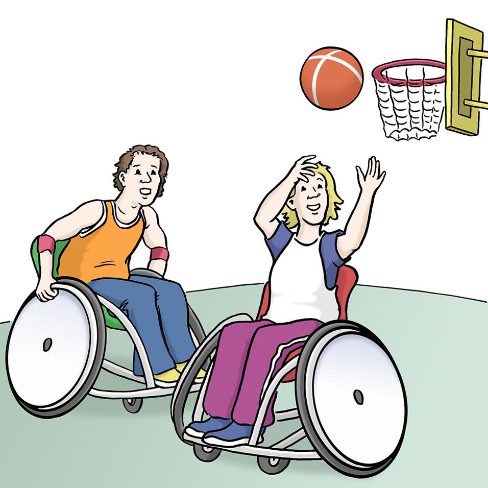 Zwei Personen im Rollstuhl spielen Basketball, einer wirft, der andere schaut gespannt zu.