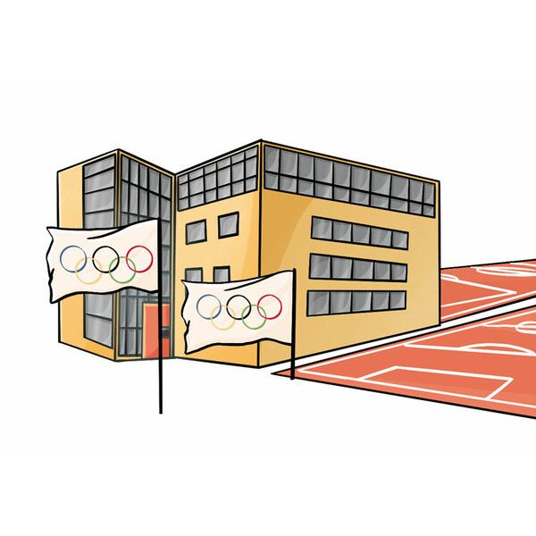 Illustration eines modernen Geb&auml;udes mit Olympiagemeinschaftsflaggen vor einer rot markierten Sportfl&auml;che.