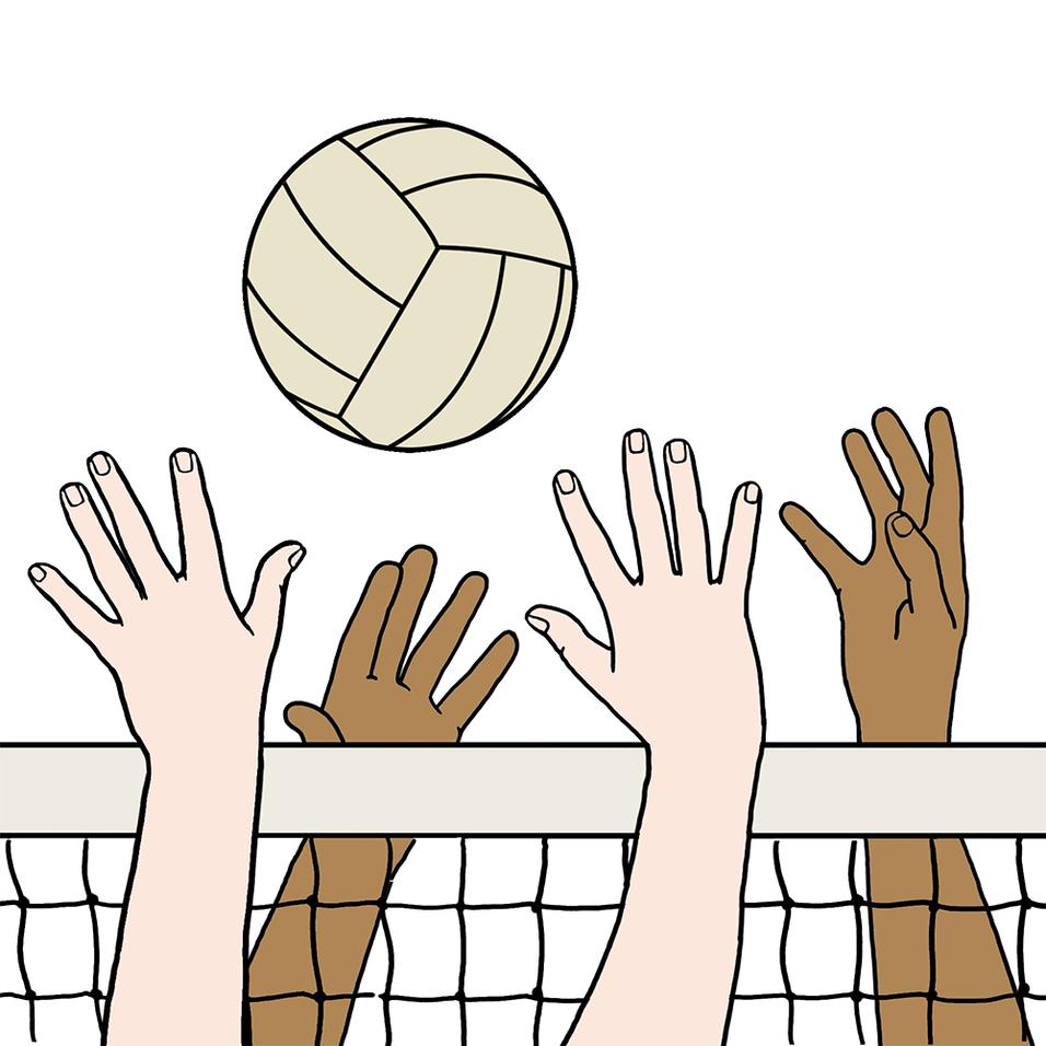 Hände verschiedener Hauttöne heben sich nach einem Volleyball über einem Netz in einer minimalistischen Illustration.