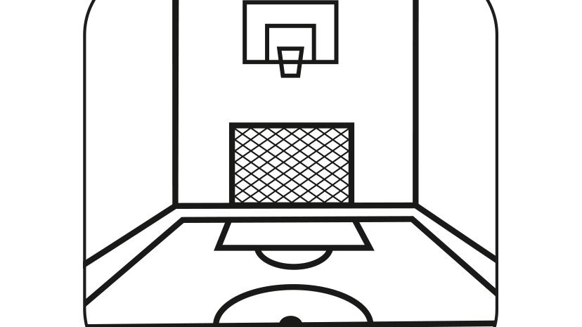 Schwarze Liniengrafik einer Sporthalle mit Basketballkorb, Fußballtor und Spielfeldmarkierungen auf weißem Hintergrund.