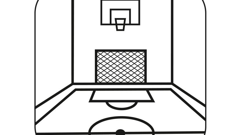 Schwarze Liniengrafik einer Sporthalle mit Basketballkorb, Fußballtor und Spielfeldmarkierungen auf weißem Hintergrund.
