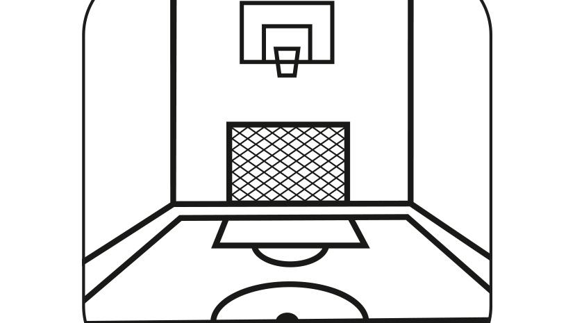 Schwarze Liniengrafik einer Sporthalle mit Basketballkorb, Fußballtor und Spielfeldmarkierungen auf weißem Hintergrund.