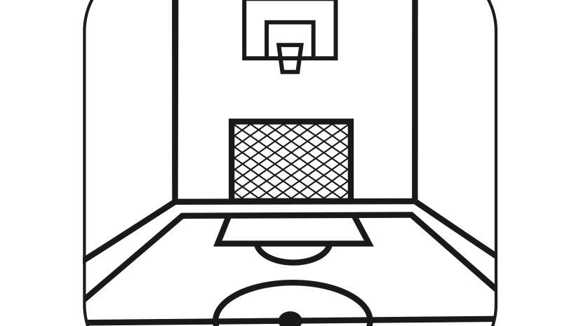 Schwarze Liniengrafik einer Sporthalle mit Basketballkorb, Fußballtor und Spielfeldmarkierungen auf weißem Hintergrund.