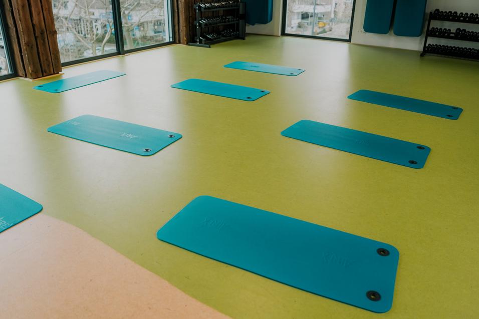 Fitnessraum mit mehreren blauen Yogamatten auf einem hellgrünen Boden, große Fenster in Sonnenlicht.