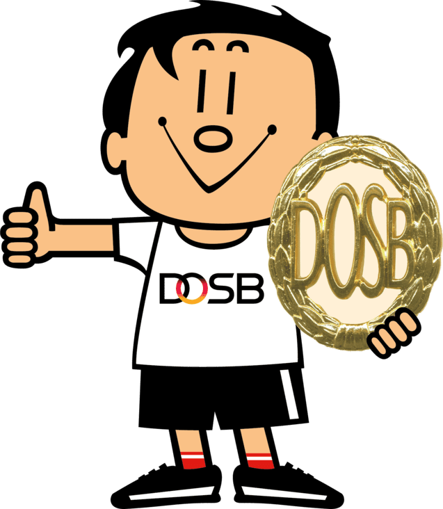 Trimmy, DOSB-Symbolfigur: Junge mit Daumen hoch, DOSB-Shirt, schwarze Shorts und Schuhe.
